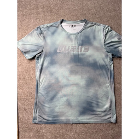 Guess Mens XL Slim Fit Blue Tie Dye Logo T Shirt Short Sleeve Graphic - Picture 2 of 11